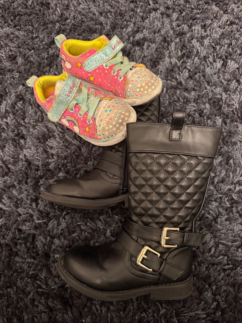Quilted Black Mid-Calf Boots w/Gold Buckles and Rainbow Skechers Twinkletoes